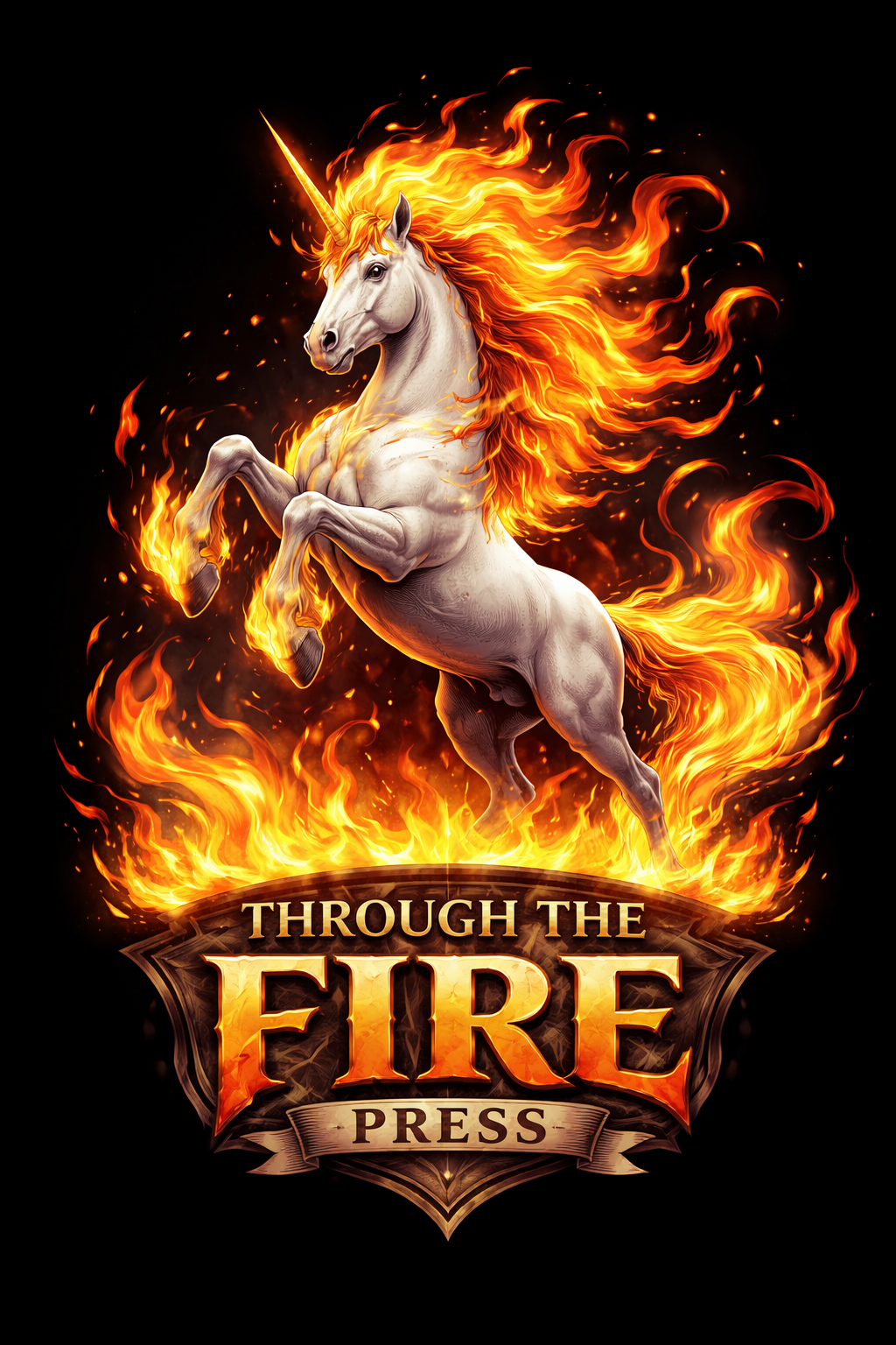 Through the Fire Press — fiery unicorn logo