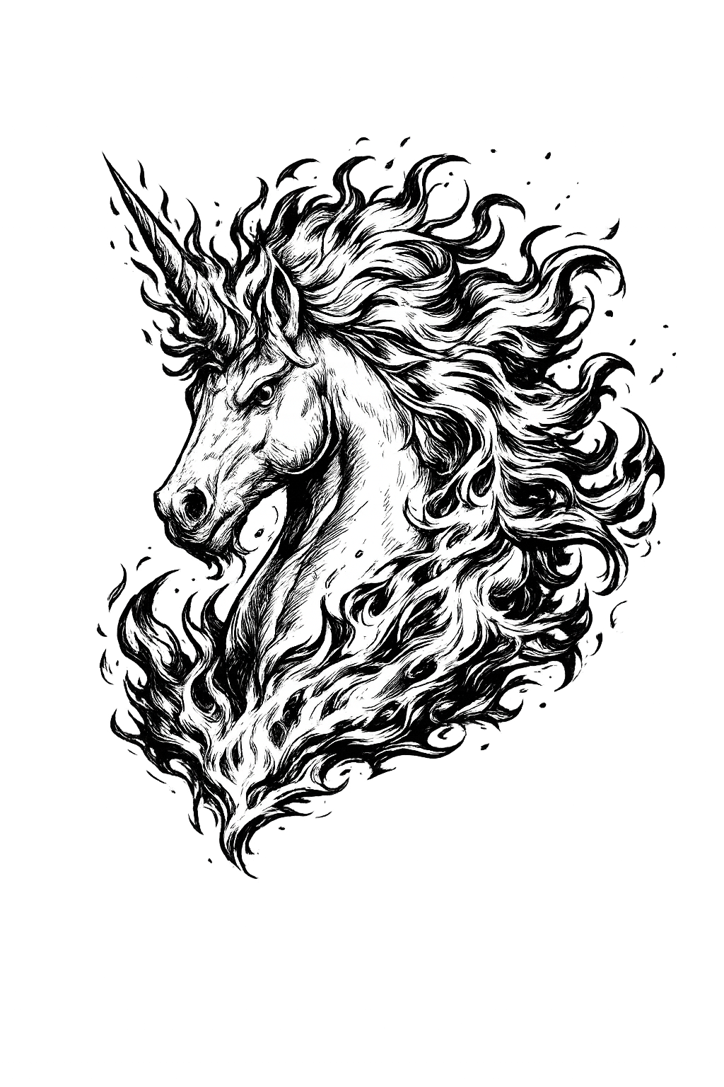 Fierce fire unicorn illustration
